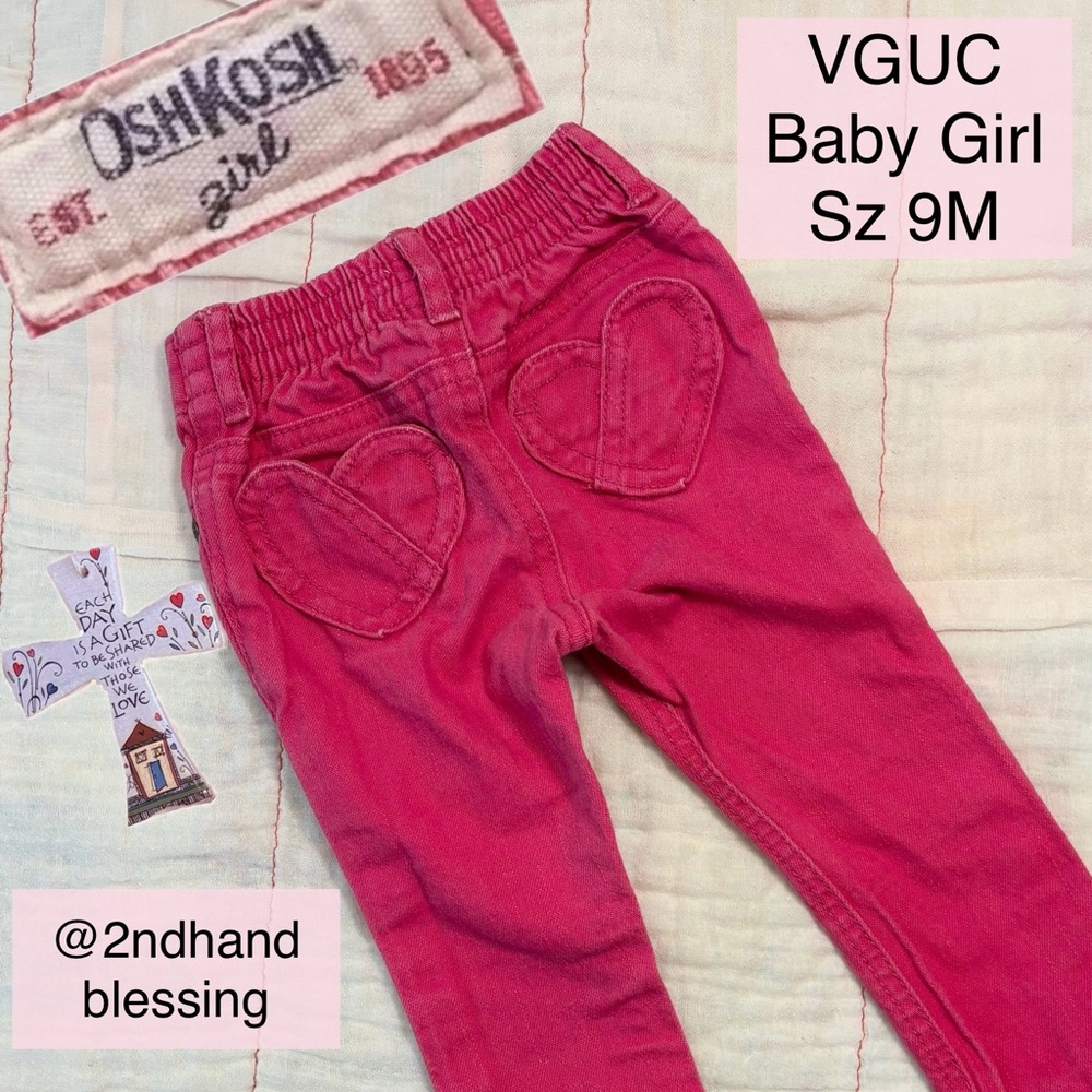 VGUC OshKosh Girl Pink Heart Jeans, Sz 9 months, Baby Girl Jeans, YKK Zipper